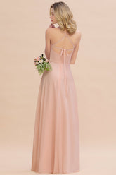 Modern Pink Long Chiffon A-line Open Back Bridesmaid Dress-27Dress